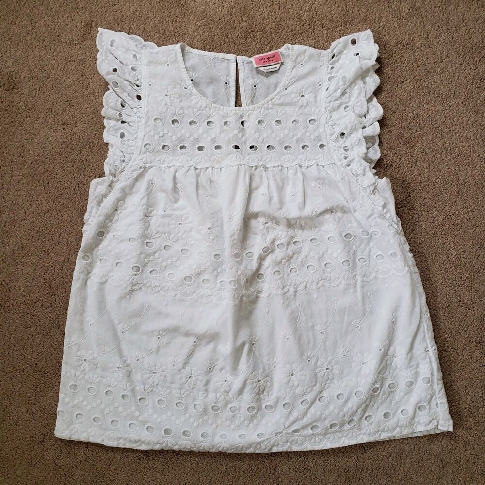 Kate Spade Casual Spade Eyelet Ruffle Shell Blouse White Size Medium Crochet